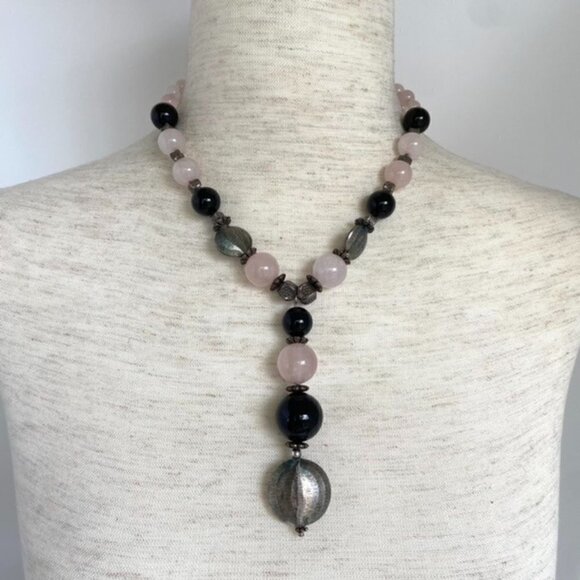 Sterling Silver 925 Rose Quartz Black Onyx Beaded Y Necklace 18.5" 81g Stone - Picture 1 of 16